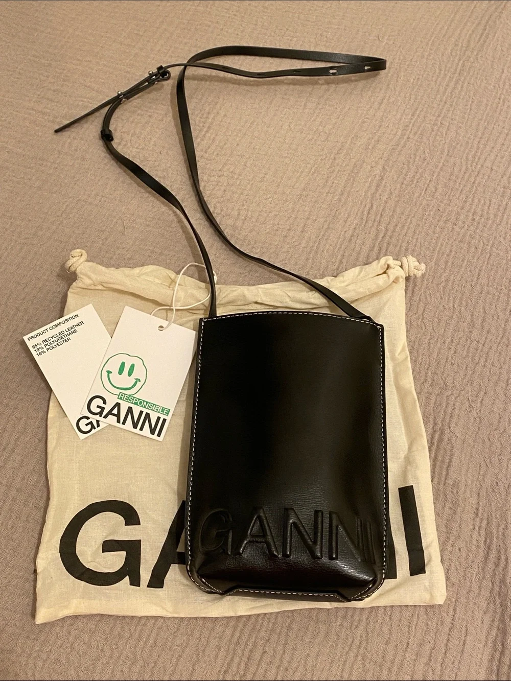 Ganni Black Embossed Leather Phone  Crossbody. New